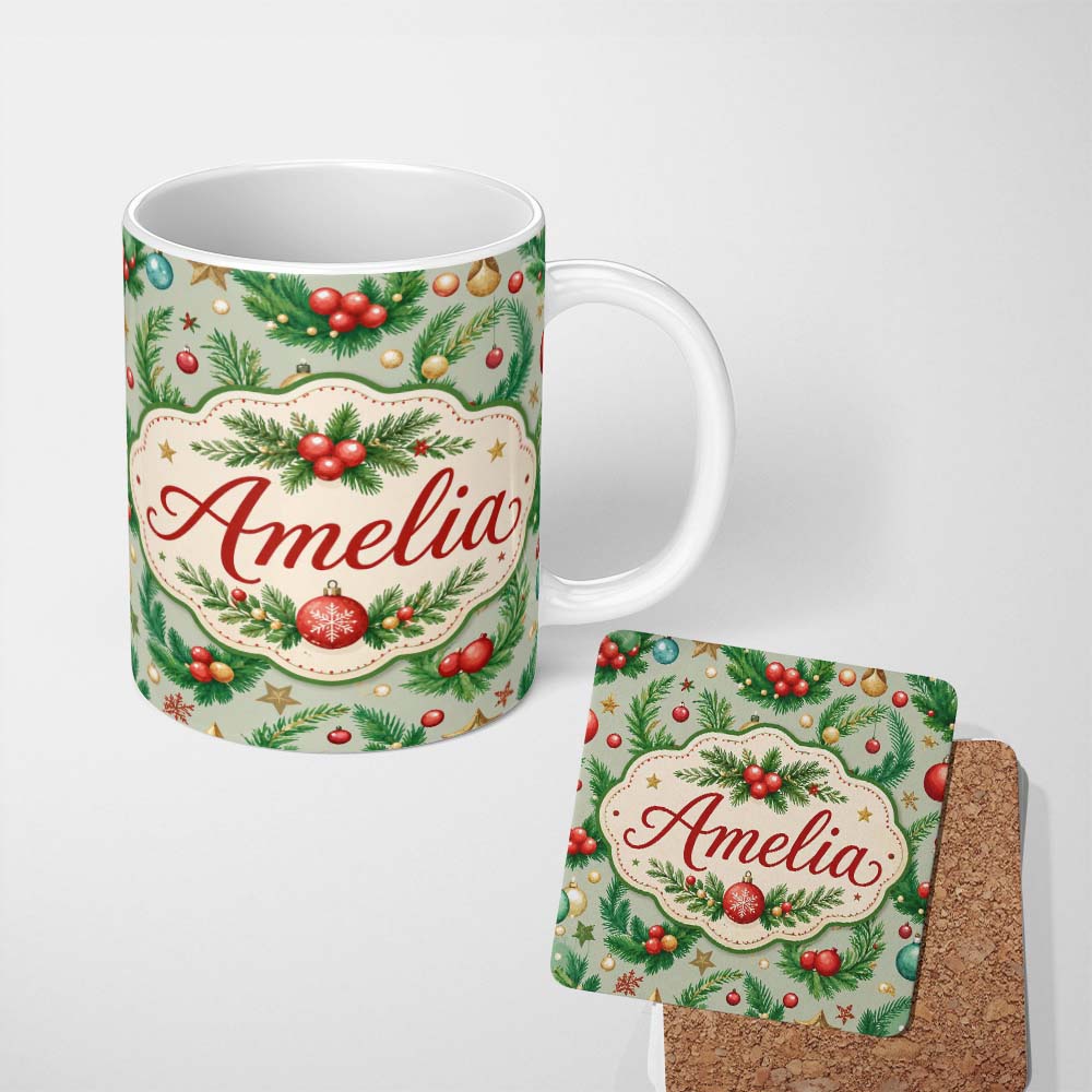 Personalized Custom Name Watercolor Christmas Wreath Baubles Pine Branches Festive Seamless 11oz Ceramic Coffee Tea Mug White Large Handle