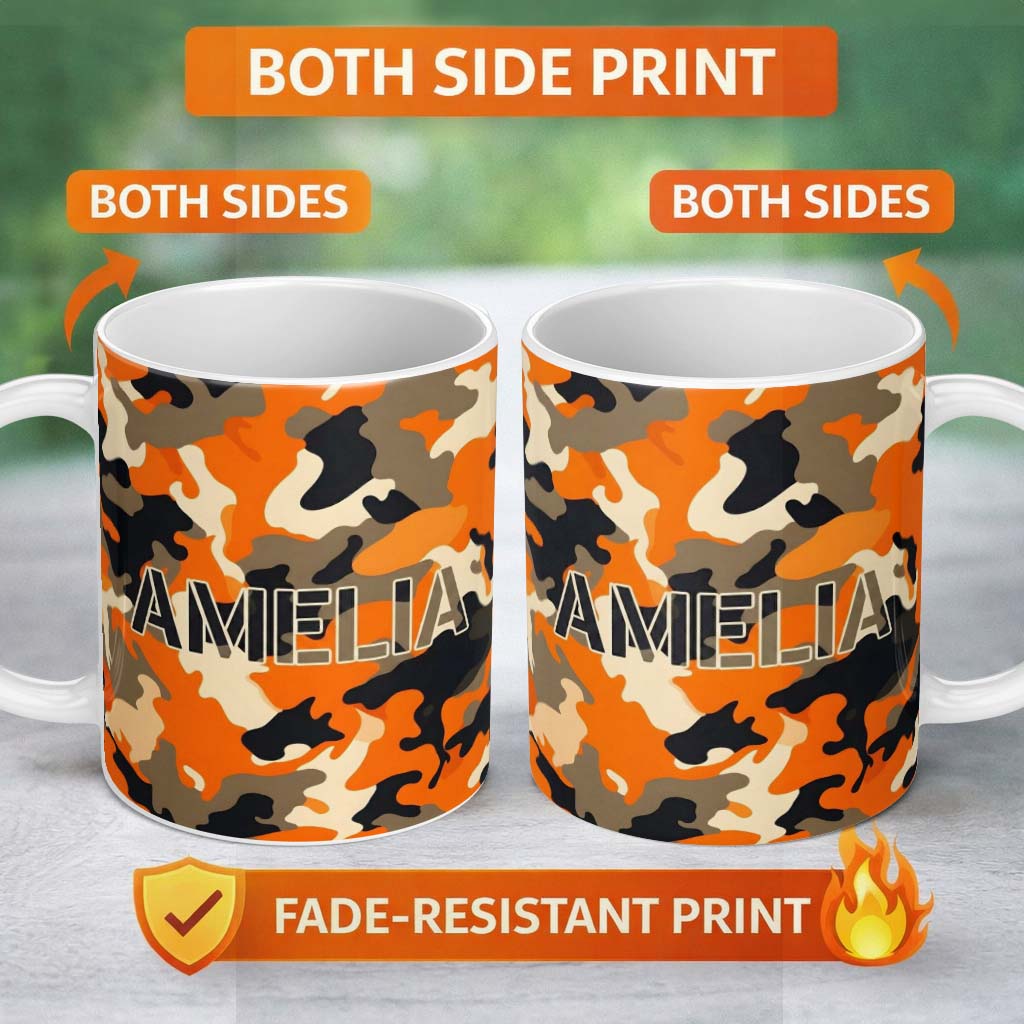 Personalized Custom Name Orange Beige Camouflage Soft Contrast Seamless Pattern Lovely 11oz Ceramic Coffee Tea Mug White Large Handle