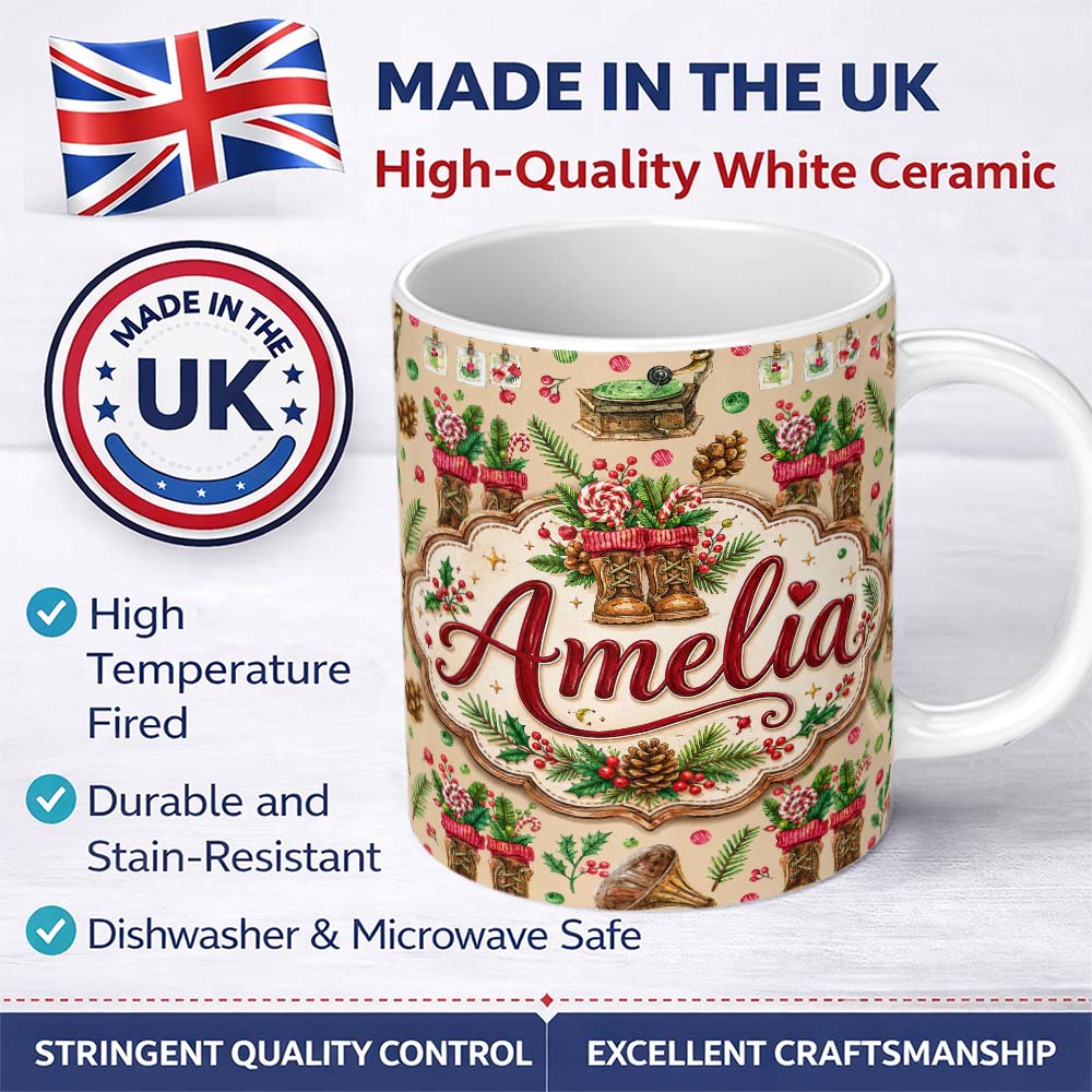 Personalized Custom Name Rustic Christmas Boots Gramophone Pinecone Festive Seamless Pattern 11oz Ceramic Coffee Tea Mug White Large Handle