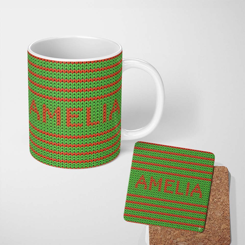 Personalized Custom Name Cute Festive Knit Green Red White Nordic Textile Seamless Pattern 11oz Ceramic Coffee Tea Mug White Large Handle