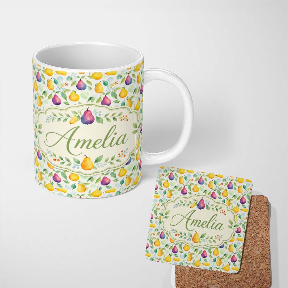 Personalized Custom Name Soft Watercolor Pear and Leaves Botanical Seamless Pattern Lovely 11oz Ceramic Coffee Tea Mug White Large Handle