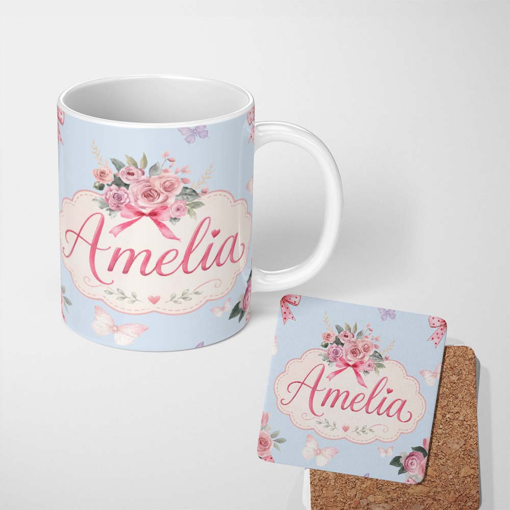 Personalized Custom Name Cute Watercolor Floral Roses with Red Ribbon and Butterflies Blue 11oz Ceramic Coffee Tea Mug White Large Handle
