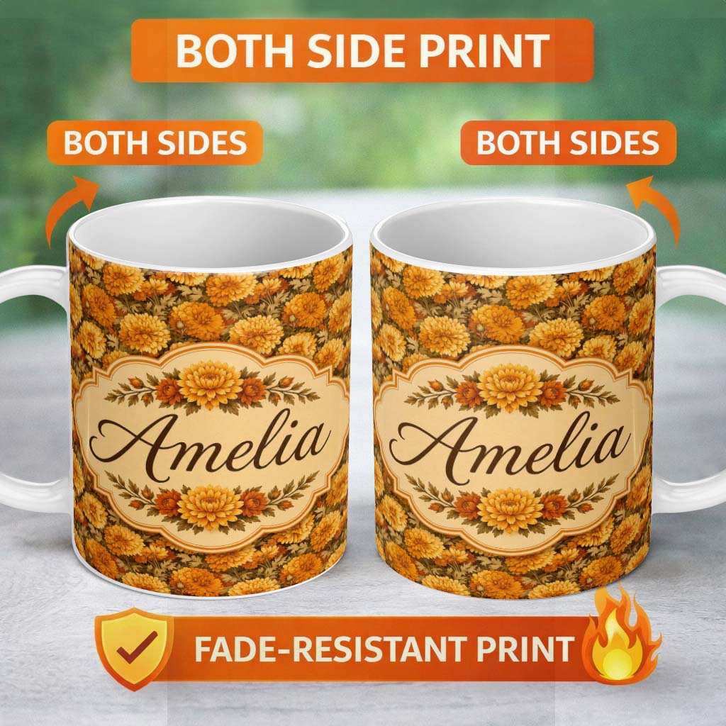 Personalized Custom Name Dense Orange Floral Garden Seamless Warm Tone Pattern Lovely 11oz Ceramic Coffee Tea Mug White Large Handle