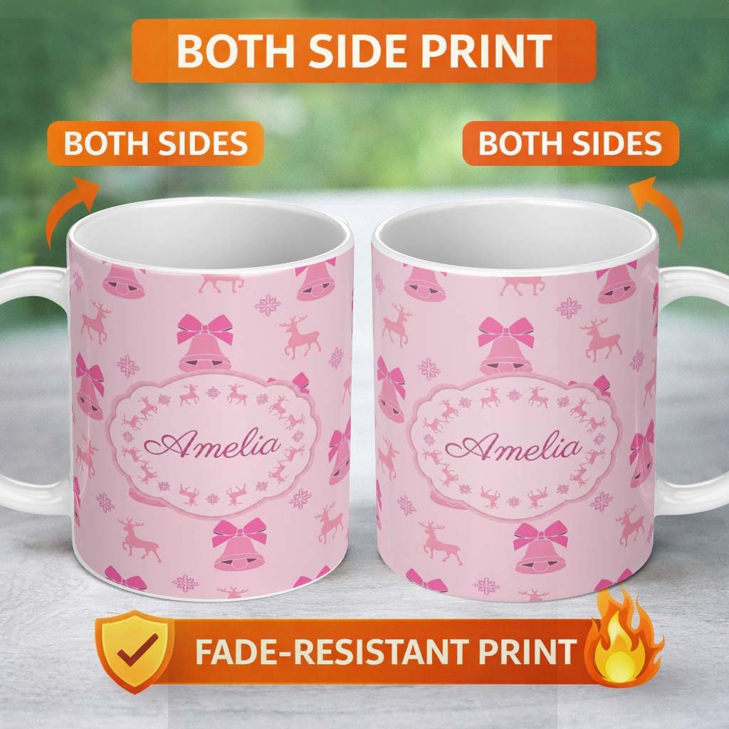 Personalized Custom Name Minimal Pink Bell Bow Reindeer Winter Seamless Pattern Lovely 11oz Ceramic Coffee Tea Mug White Large Handle