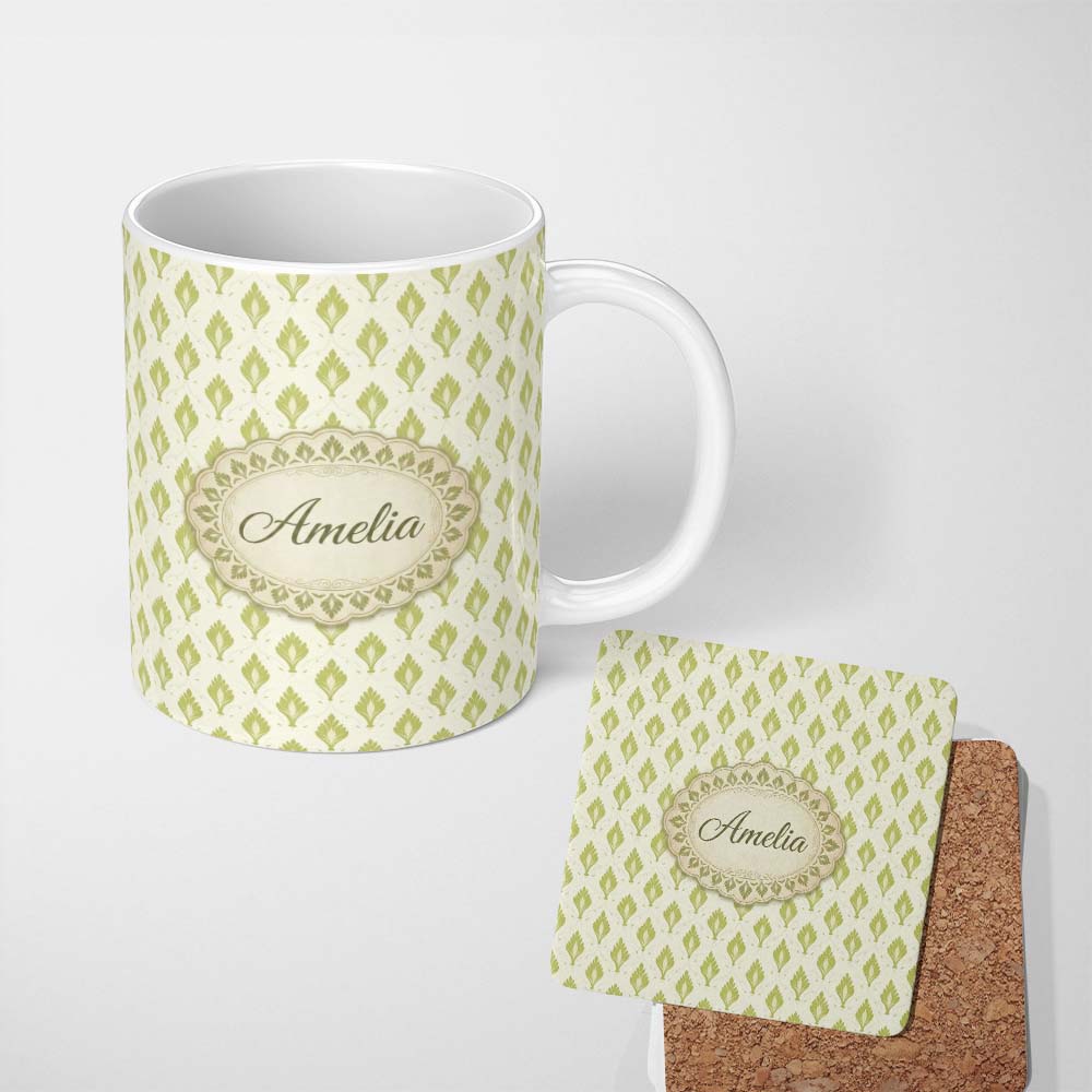Personalized Custom Name Minimalist Light Green Leaf Motif Seamless Pattern on Cream Lovely 11oz Ceramic Coffee Tea Mug White Large Handle