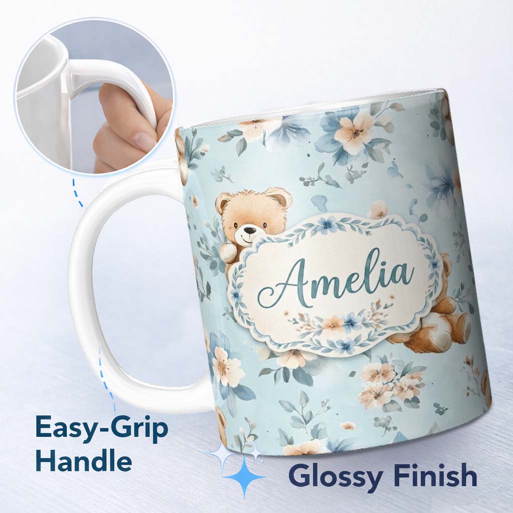 Personalized Custom Name Cute Teddy Bears with Blue Floral Background Seamless Pattern Lovely 11oz Ceramic Coffee Tea Mug White Large Handle