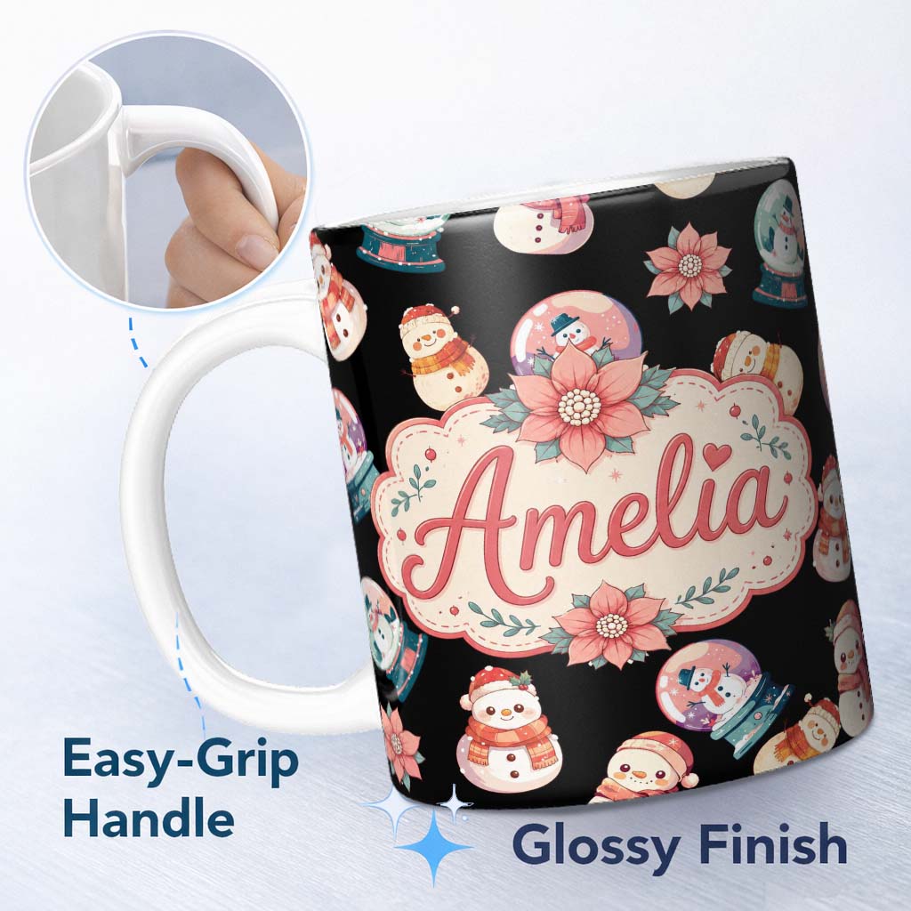 Personalized Custom Name Cute Snowman Snow Globe Poinsettia Flower Christmas Pattern Black 11oz Ceramic Coffee Tea Mug White Large Handle