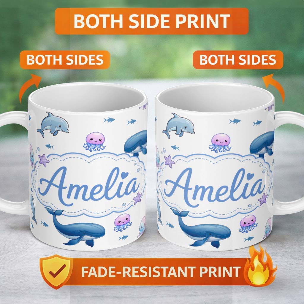 Personalized Custom Name Cute Ocean Animals Dolphin Whale Shark Jellyfish White Background 11oz Ceramic Coffee Tea Mug White Large Handle