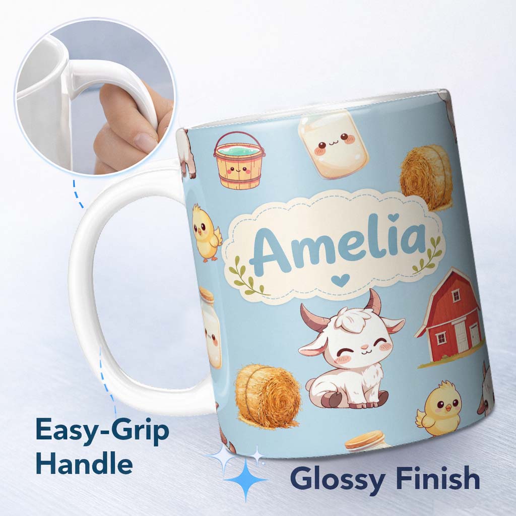 Personalized Custom Name Cute Farm Goat Barn Hay Bale Chick Blue Background Seamless Pattern 11oz Ceramic Coffee Tea Mug White Large Handle
