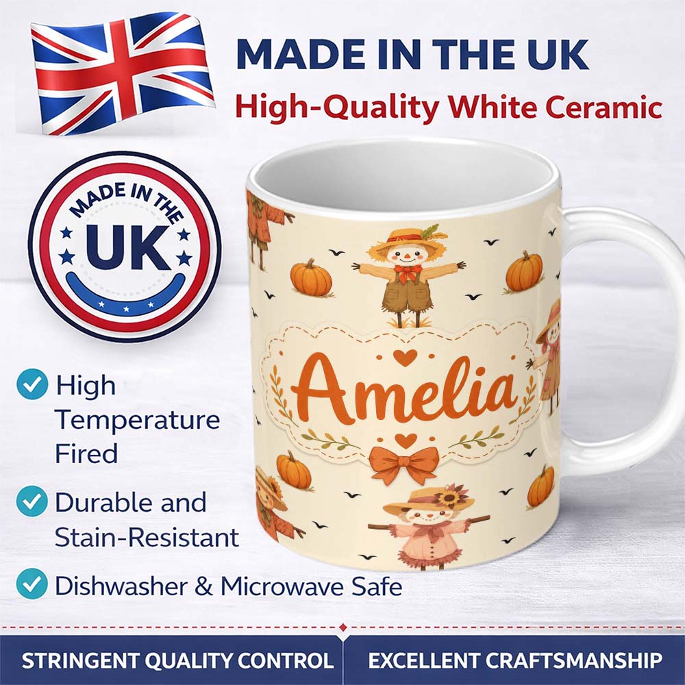 Personalized Custom Name Cute Autumn Scarecrow Pumpkin Birds Seamless Pattern Cream Lovely 11oz Ceramic Coffee Tea Mug White Large Handle