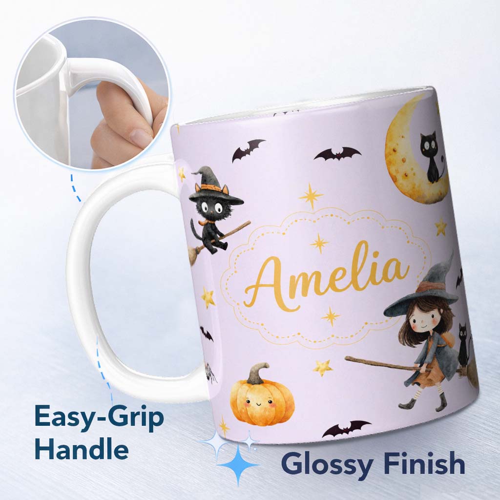 Personalized Custom Name Witch Girl and Black Cat with Moon and Stars Lavender Background 11oz Ceramic Coffee Tea Mug White Large Handle