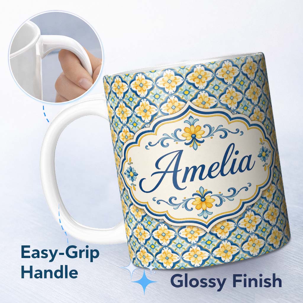 Personalized Custom Name Blue and Yellow Mediterranean Style Tile Pattern with Floral Motifs 11oz Ceramic Coffee Tea Mug White Large Handle