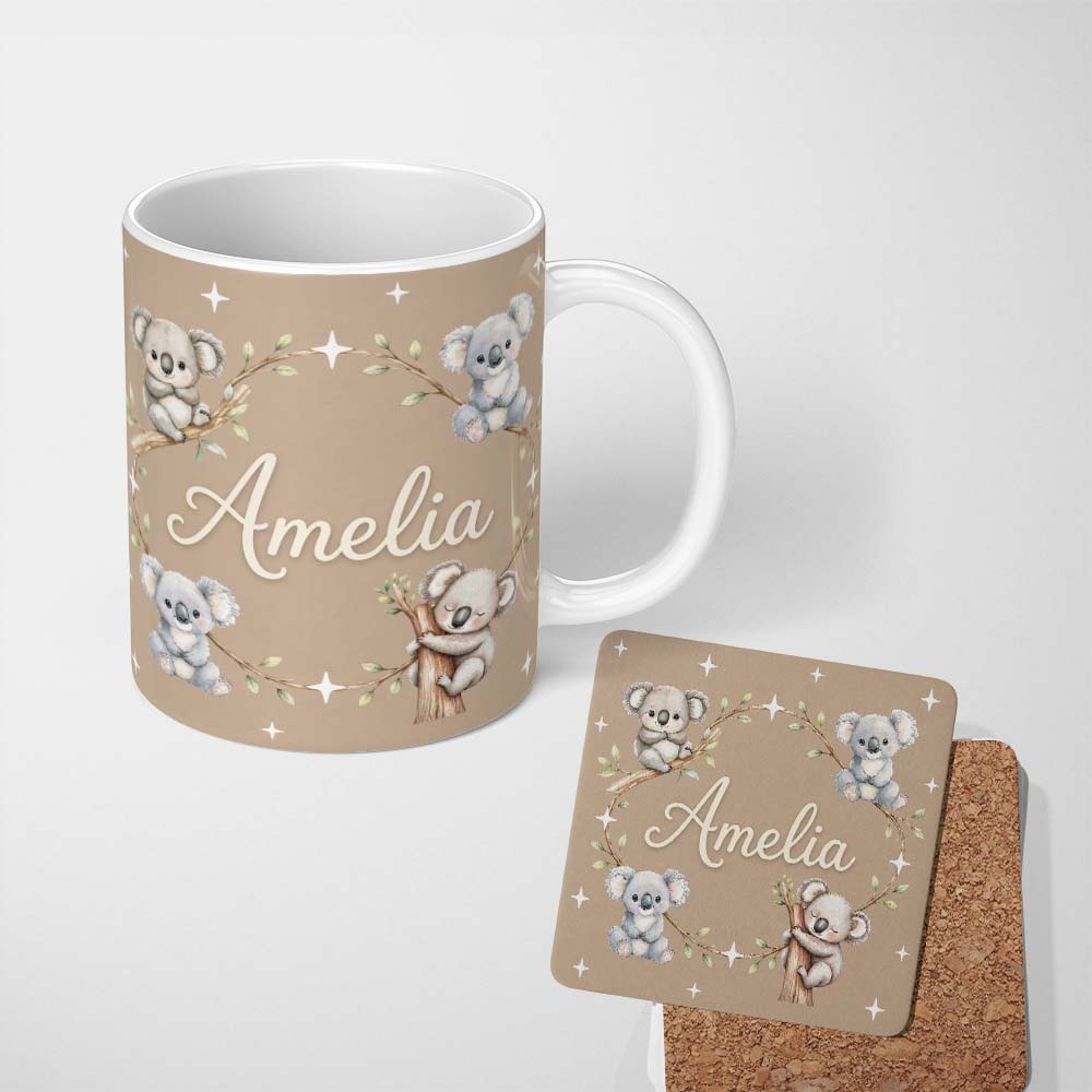 Personalized Custom Name Cute Baby Koala Bears with Stars on Warm Beige Background Seamless 11oz Ceramic Coffee Tea Mug White Large Handle