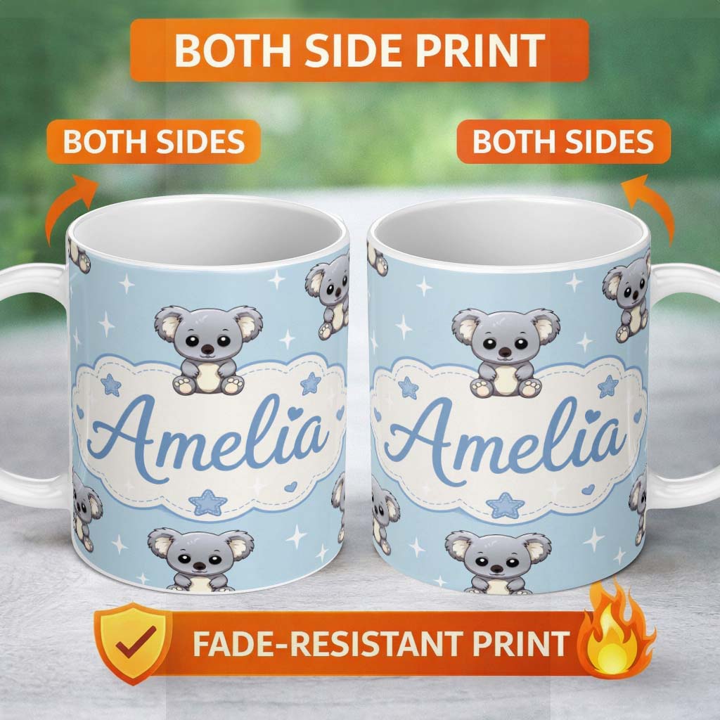 Personalized Custom Name Cute Koala Bears with Stars Blue Background Seamless Pattern Lovely 11oz Ceramic Coffee Tea Mug White Large Handle