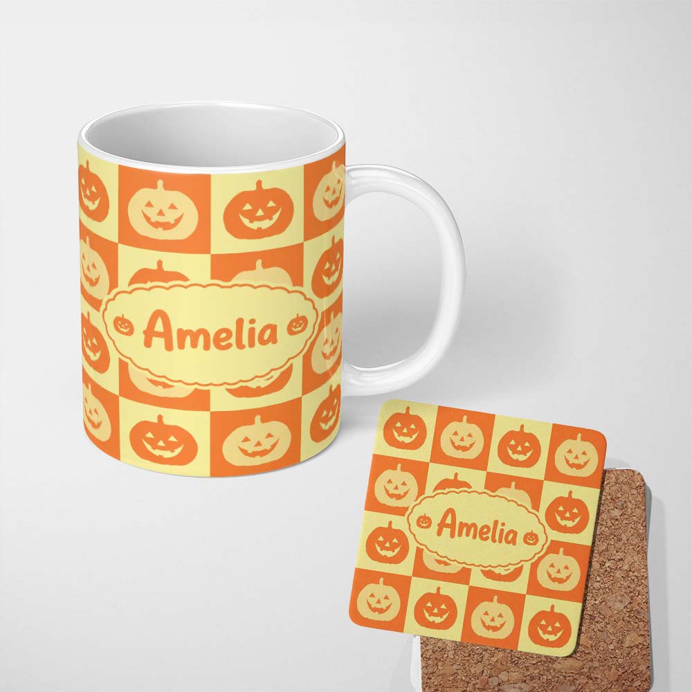 Personalized Custom Name Halloween Pumpkin Faces in Warm Yellow and Orange Grid Seamless 11oz Ceramic Coffee Tea Mug White Large Handle