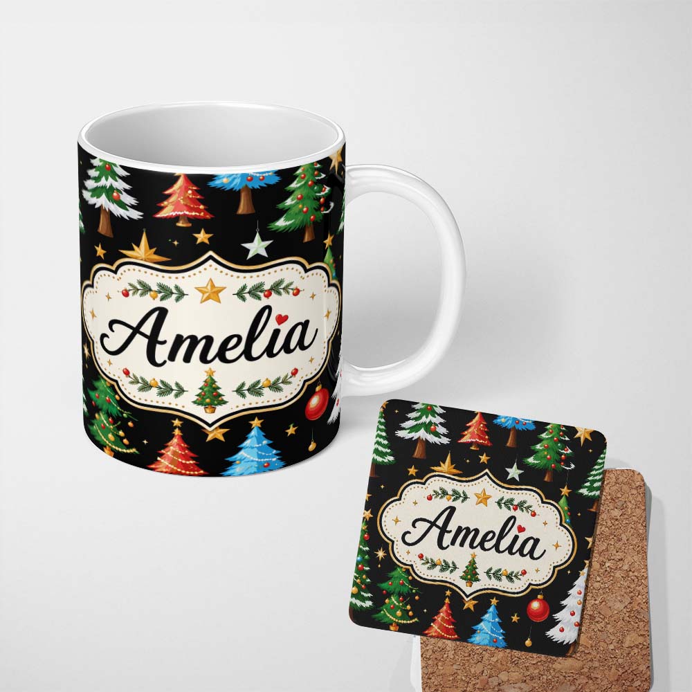 Personalized Custom Name Christmas Trees with Ornaments Stars and Baubles on Black Seamless 11oz Ceramic Coffee Tea Mug White Large Handle