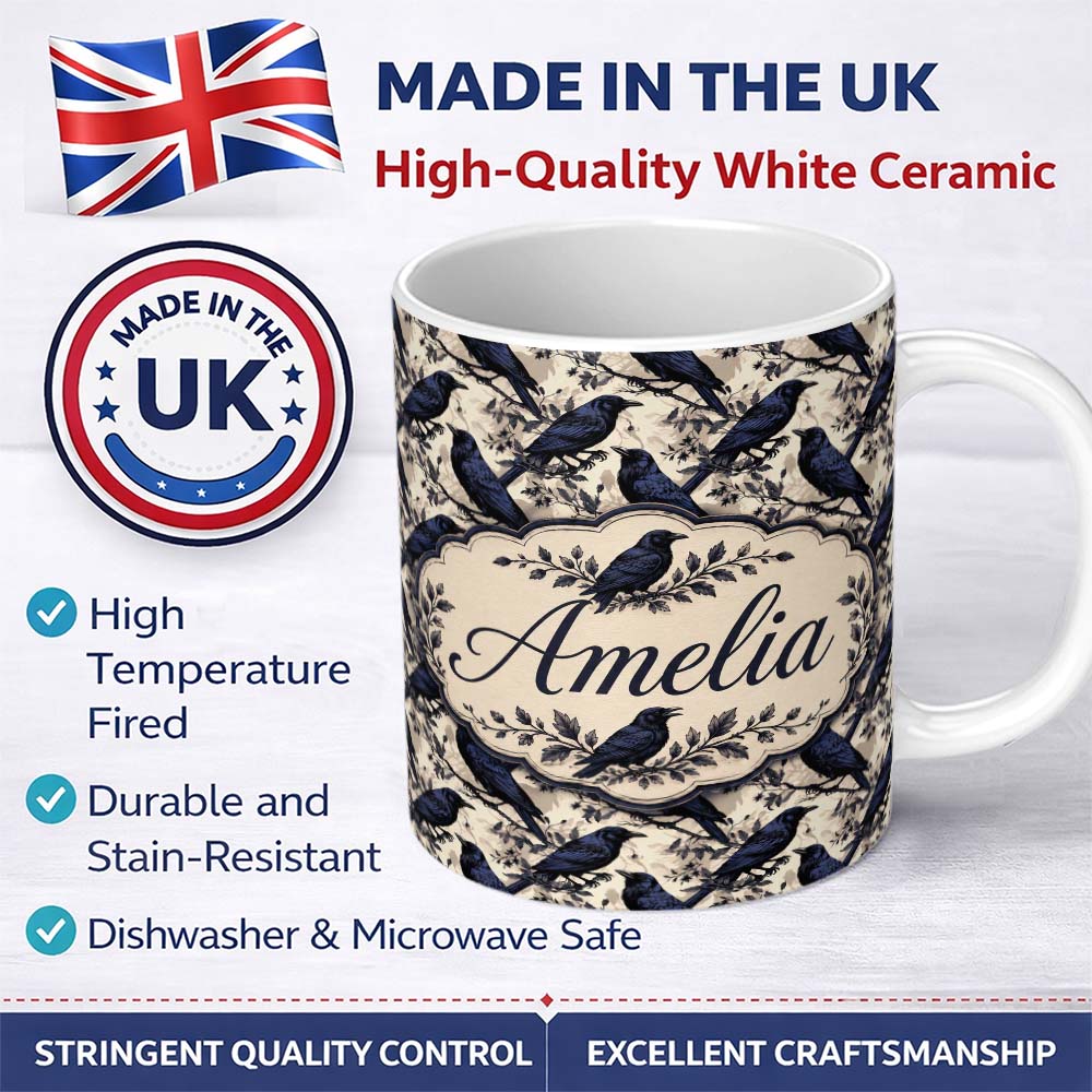 Personalized Custom Name Deep Blue Raven Birds with Branches Seamless Pattern Lovely 11oz Ceramic Coffee Tea Mug White Large Handle