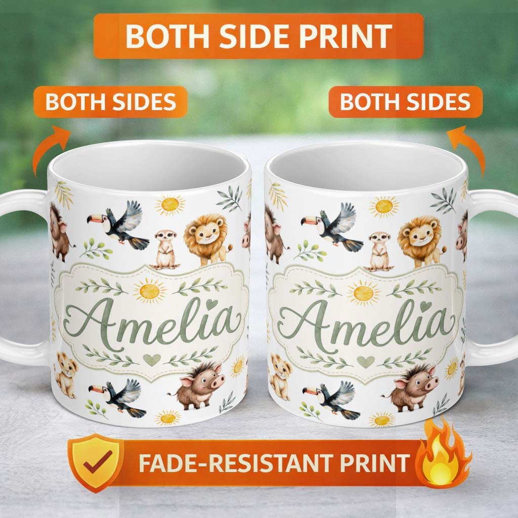Personalized Custom Name Jungle Animals Lion Meerkat Toucan Boar on Light Grey Seamless 11oz Ceramic Coffee Tea Mug White Large Handle