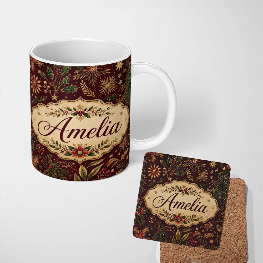 Personalized Custom Name Elegant Christmas Botanical Pine Leaves Gold Accents Seamless Lovely 11oz Ceramic Coffee Tea Mug White Large Handle