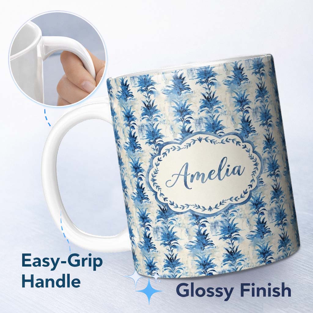 Personalized Custom Name Blue Tropical Leaf Watercolor Botanical Seamless Pattern Lovely 11oz Ceramic Coffee Tea Mug White Large Handle