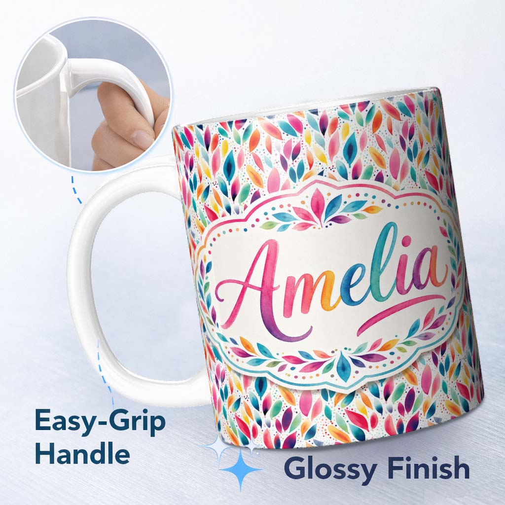 Personalized Custom Name Colorful Watercolor Leaf Pattern Seamless Botanical Abstract Design 11oz Ceramic Coffee Tea Mug White Large Handle