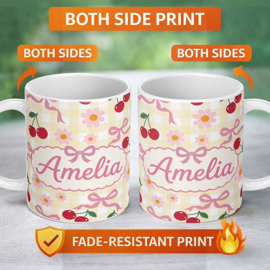 Personalized Custom Name Cute Cherry Bow and Daisy Yellow Gingham Seamless Pattern Lovely 11oz Ceramic Coffee Tea Mug White Large Handle