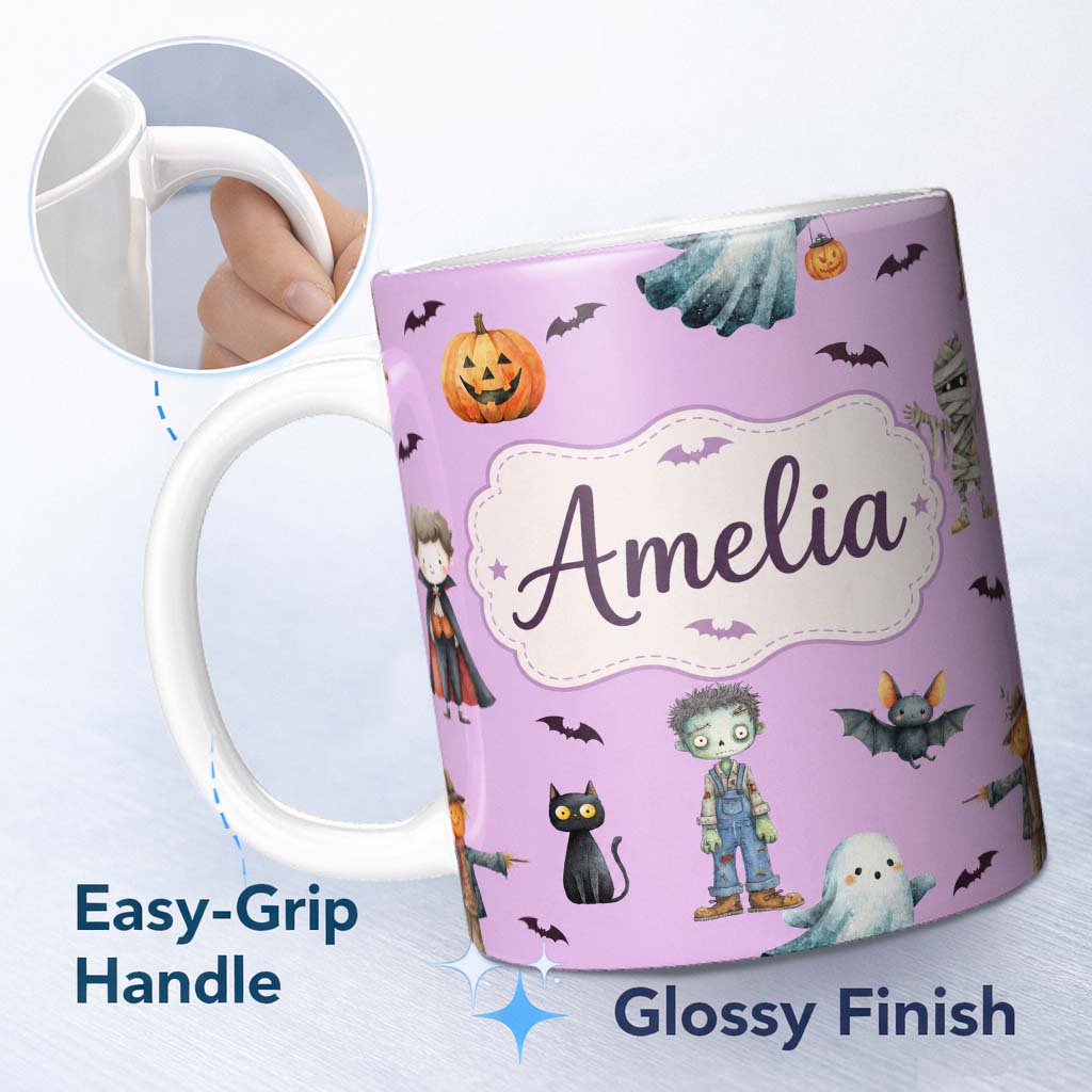 Personalized Custom Name Halloween Zombie Mummy Vampire Characters Purple Background Lovely 11oz Ceramic Coffee Tea Mug White Large Handle