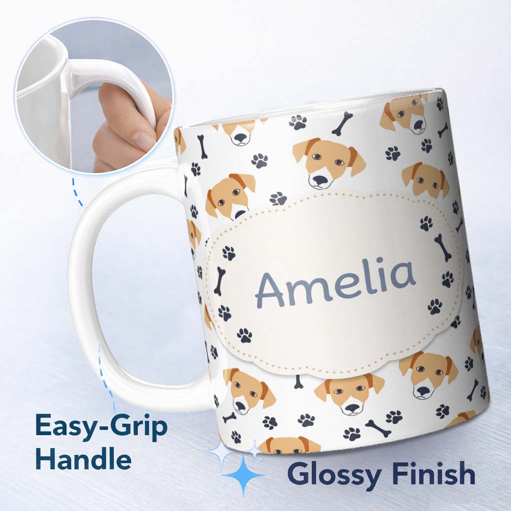 Personalized Custom Name Cute Dog Faces Paw Prints Bones White Background Seamless Pattern 11oz Ceramic Coffee Tea Mug White Large Handle