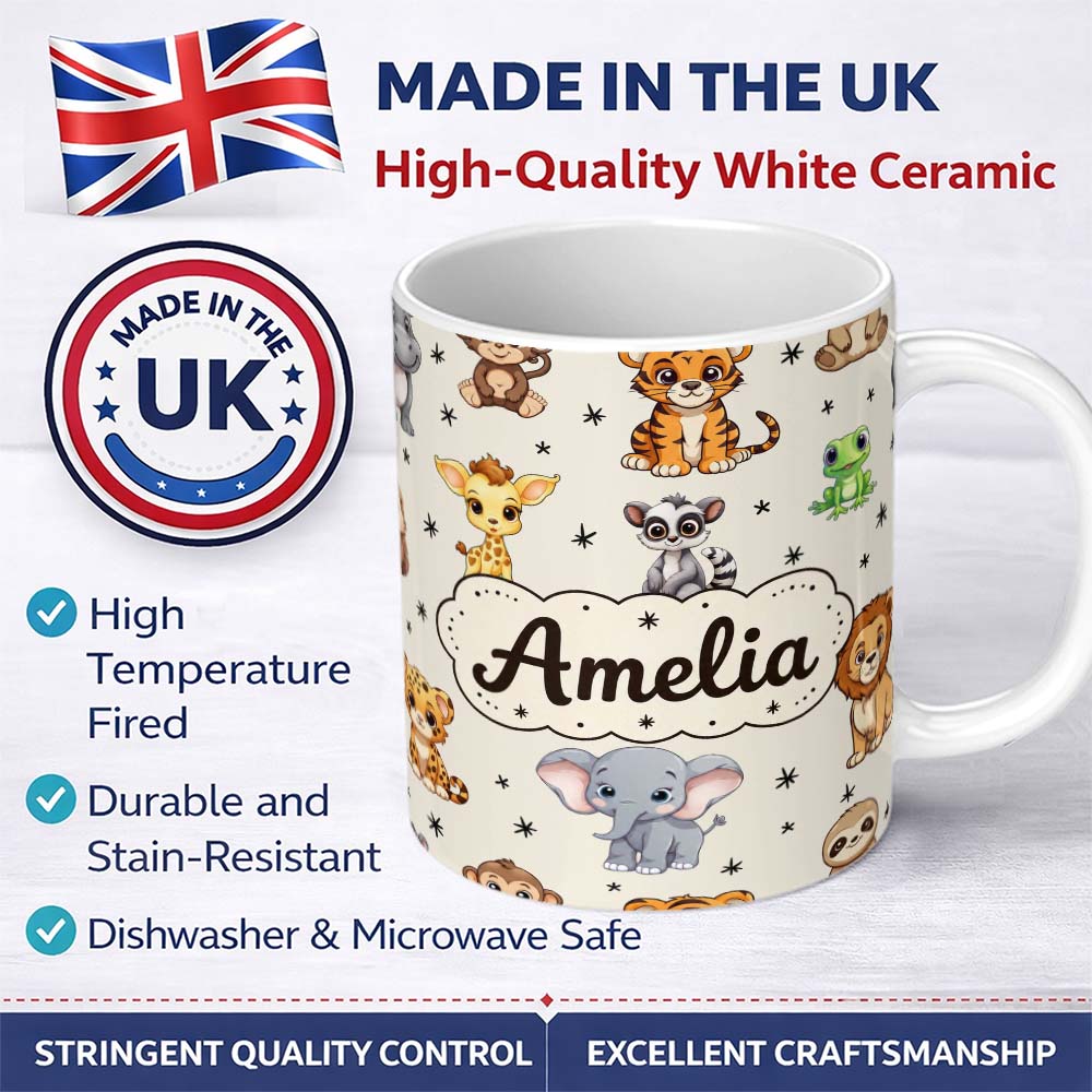 Personalized Custom Name Cute Cartoon Safari Animals with Stars on Beige Background Nursery 11oz Ceramic Coffee Tea Mug White Large Handle