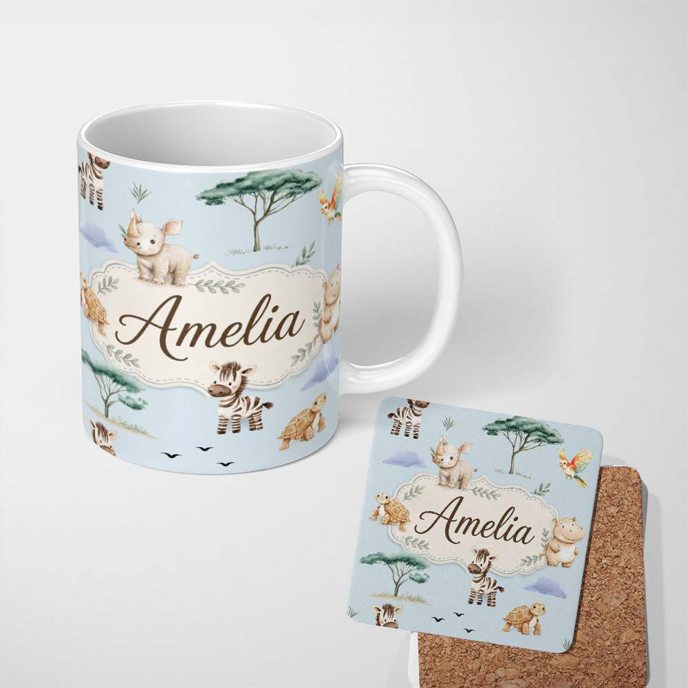 Personalized Custom Name Cute Safari Animals Zebra Rhino Turtle Teal Seamless Pattern Lovely 11oz Ceramic Coffee Tea Mug White Large Handle