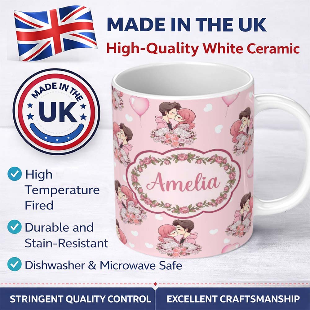 Personalized Custom Name Romantic Couple Kissing Floral Bouquet Hearts Pattern Soft Pink 11oz Ceramic Coffee Tea Mug White Large Handle