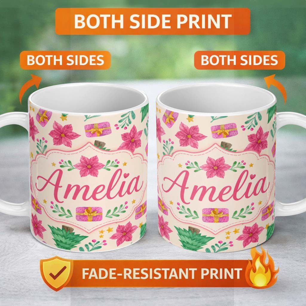 Personalized Custom Name Watercolor Christmas Tree Poinsettia Gift Seamless Pattern Lovely 11oz Ceramic Coffee Tea Mug White Large Handle