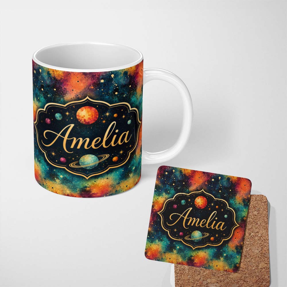 Personalized Custom Name Multicolor Nebula Splatter Galaxy Space Seamless Pattern Bright 11oz Ceramic Coffee Tea Mug White Large Handle