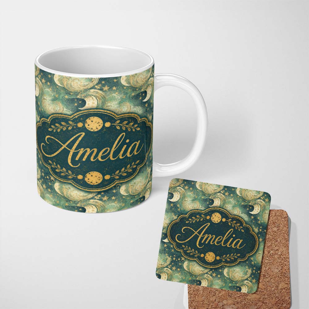 Personalized Custom Name Celestial Moon and Stars Seamless Pattern Dreamy Night Sky Design 11oz Ceramic Coffee Tea Mug White Large Handle
