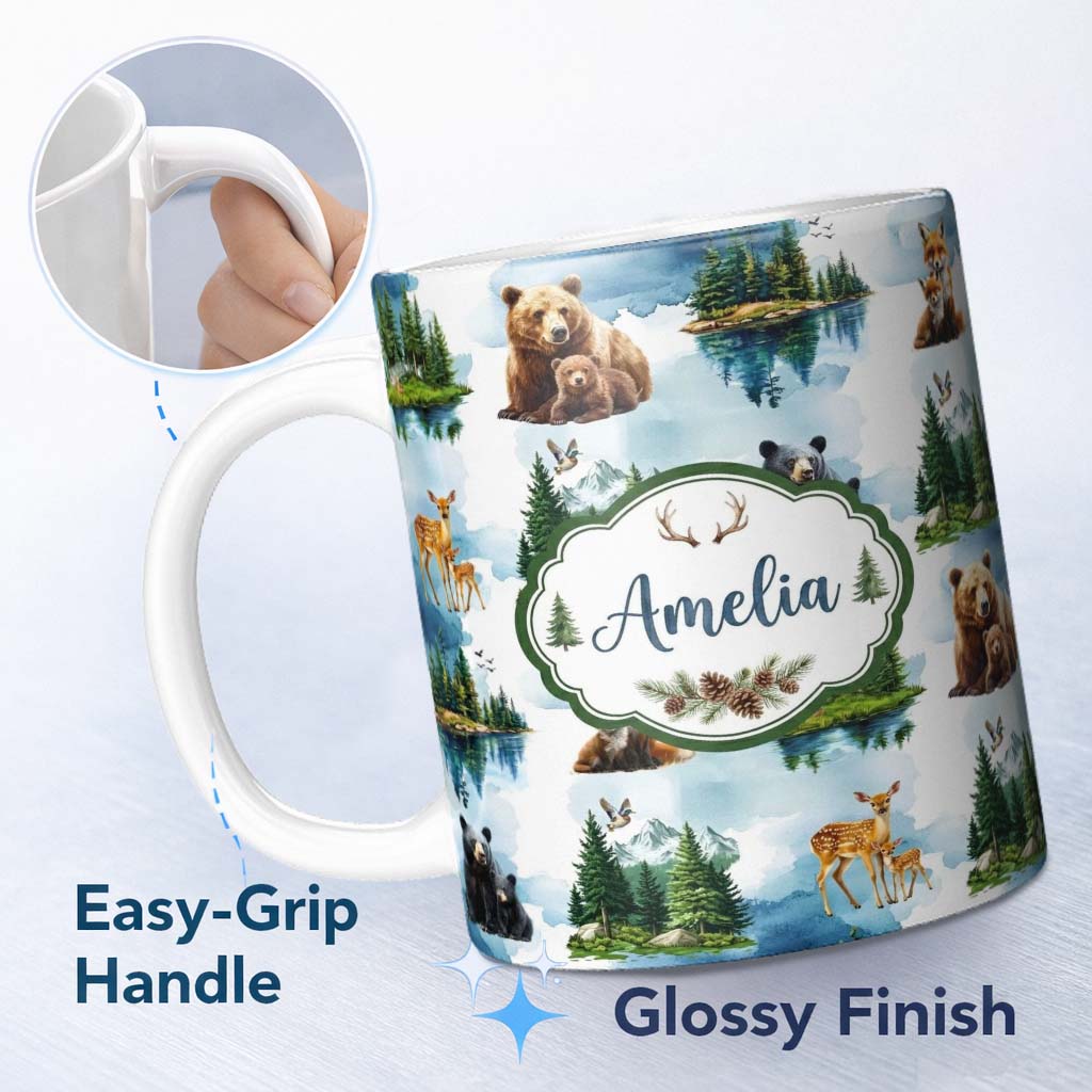 Personalized Custom Name Woodland Animals Forest Watercolor Pattern Cute Unique Gift Lovely 11oz Ceramic Coffee Tea Mug White Large Handle