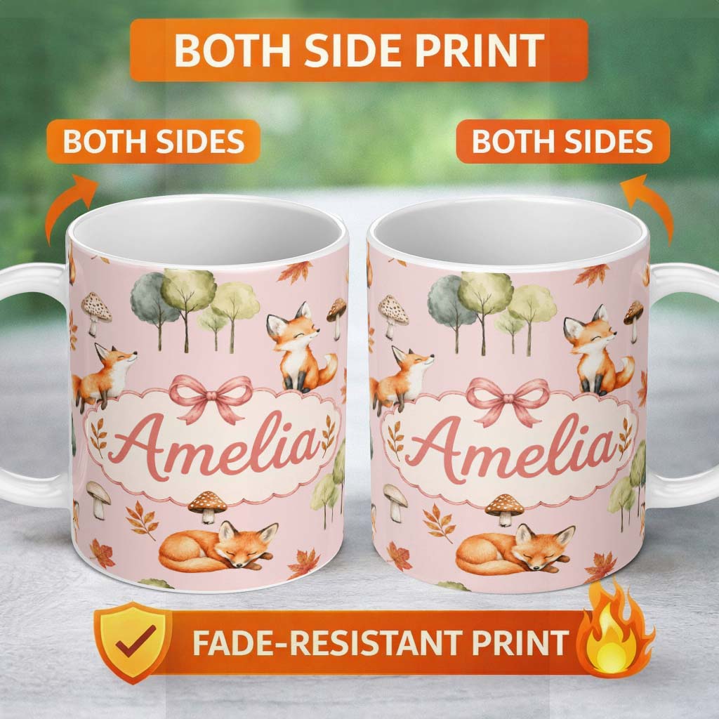 Personalized Custom Name Watercolor Woodland Fox Mushroom Autumn on Blush Pink Background 11oz Ceramic Coffee Tea Mug White Large Handle