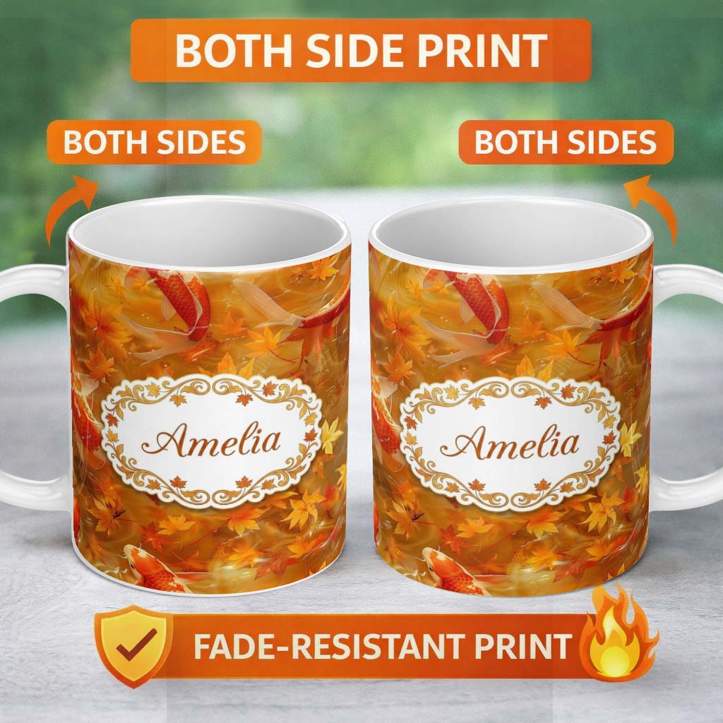 Personalized Custom Name Autumn Koi Fish with Golden Maple Leaves Pattern Warm Watercolor 11oz Ceramic Coffee Tea Mug White Large Handle