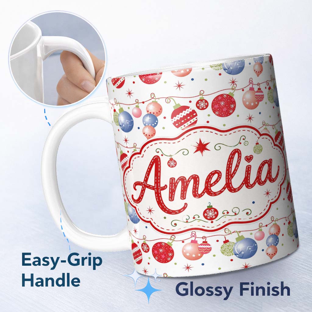 Personalized Custom Name Colorful Christmas Baubles Garland Ornament Seamless Pattern Lovely 11oz Ceramic Coffee Tea Mug White Large Handle