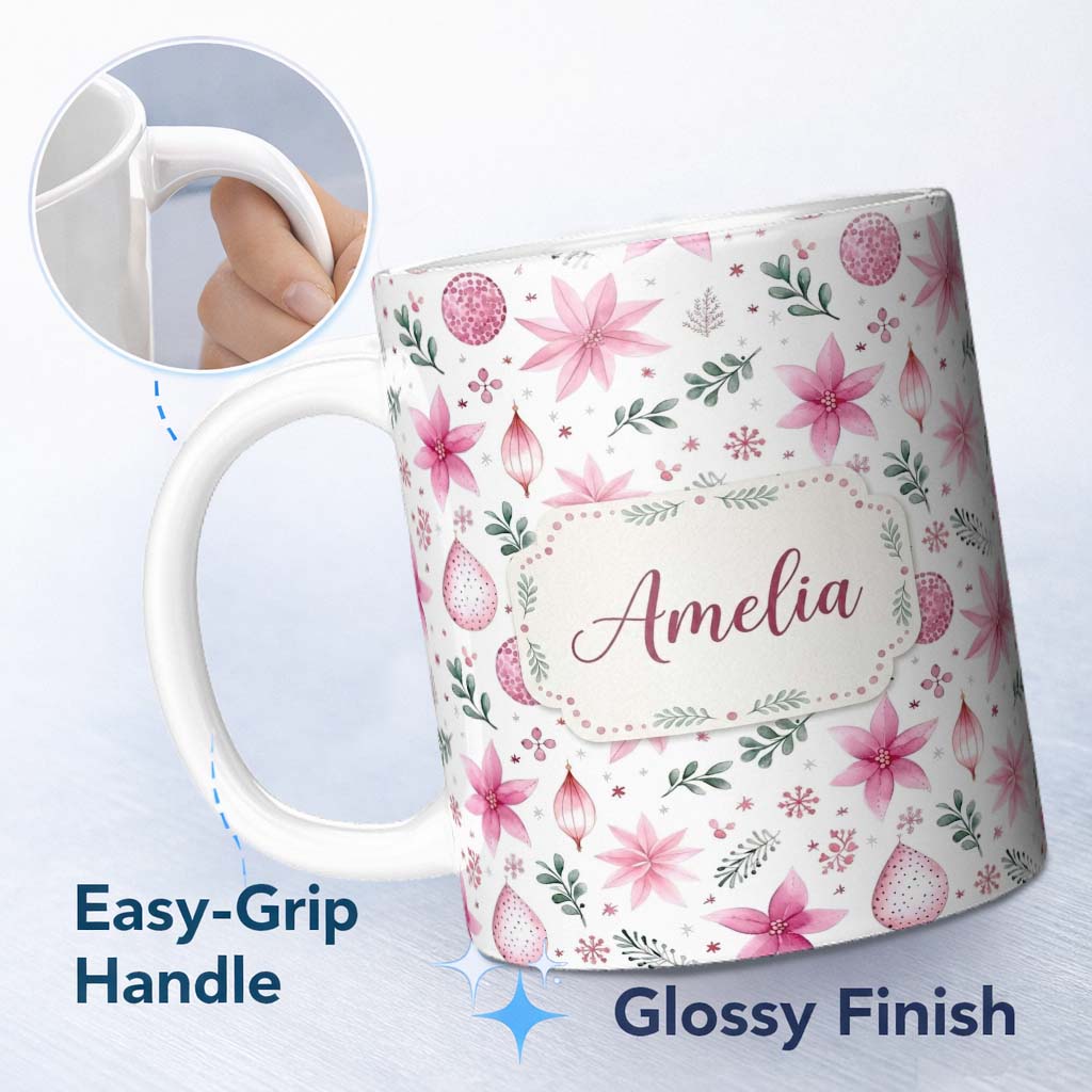 Personalized Custom Name Soft Pink Floral Christmas Elements Ornaments Seamless Pattern 11oz Ceramic Coffee Tea Mug White Large Handle