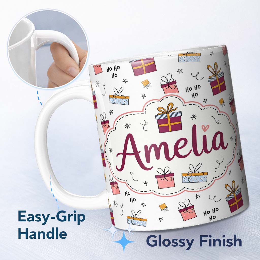 Personalized Custom Name Cute Christmas Gift Boxes Ho Ho Doodle Seamless Pattern Lovely 11oz Ceramic Coffee Tea Mug White Large Handle