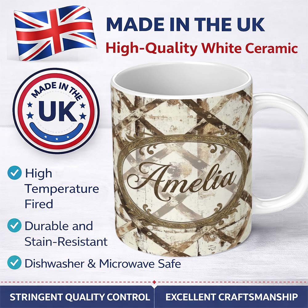 Personalized Custom Name Rustic Distressed Wooden Cross Pattern on Whitewashed Texture Lovely 11oz Ceramic Coffee Tea Mug White Large Handle