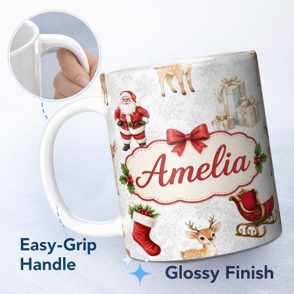 Personalized Custom Name Cute Christmas Santa Reindeer Sleigh Gift Seamless Pattern Lovely 11oz Ceramic Coffee Tea Mug White Large Handle
