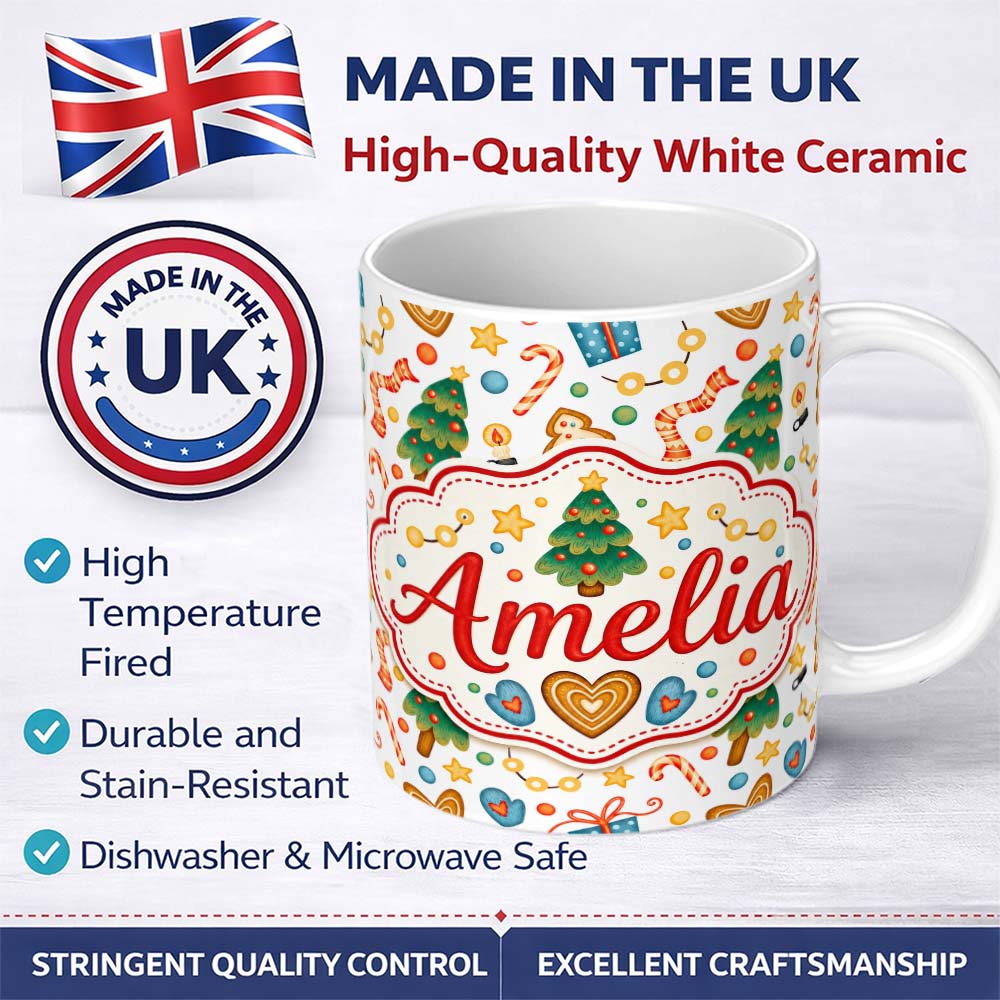 Personalized Custom Name Cute Christmas Tree Gingerbread Candy Cane Gift Seamless Pattern 11oz Ceramic Coffee Tea Mug White Large Handle