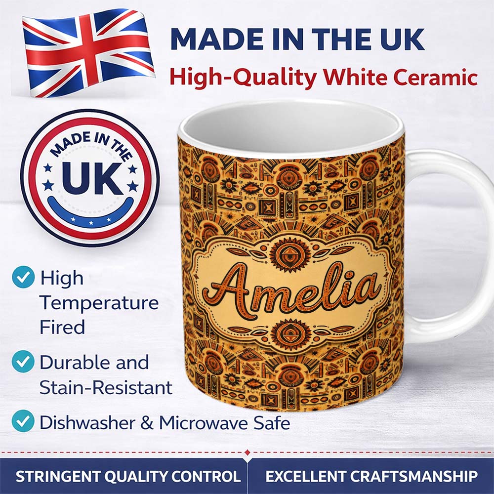 Personalized Custom Name Bold Ethnic Motif Pattern with Symmetrical Tribal Elements in Rich 11oz Ceramic Coffee Tea Mug White Large Handle