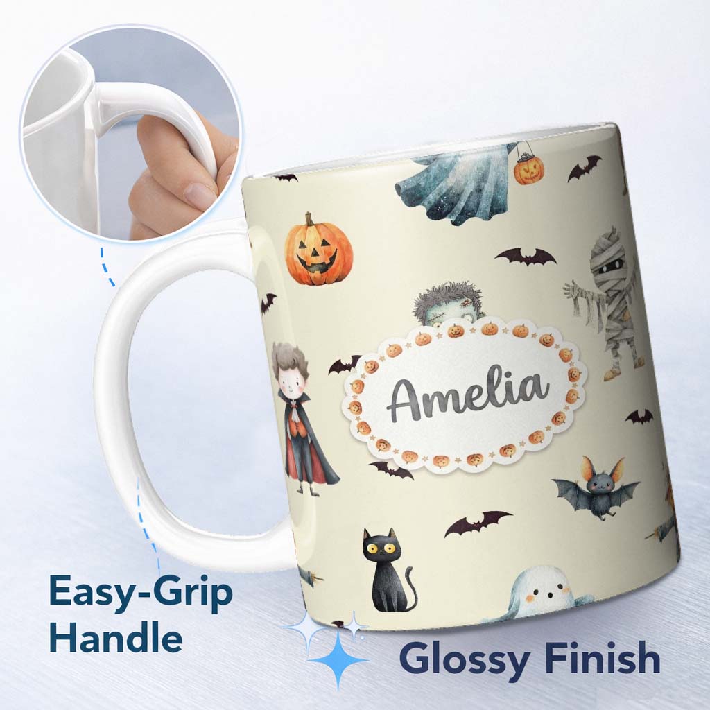 Personalized Custom Name Halloween Zombie Mummy Vampire and Bat Characters Cream Background 11oz Ceramic Coffee Tea Mug White Large Handle