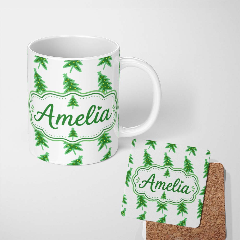 Personalized Custom Name Simple Green Christmas Trees with Yellow Lights Minimal Seamless 11oz Ceramic Coffee Tea Mug White Large Handle