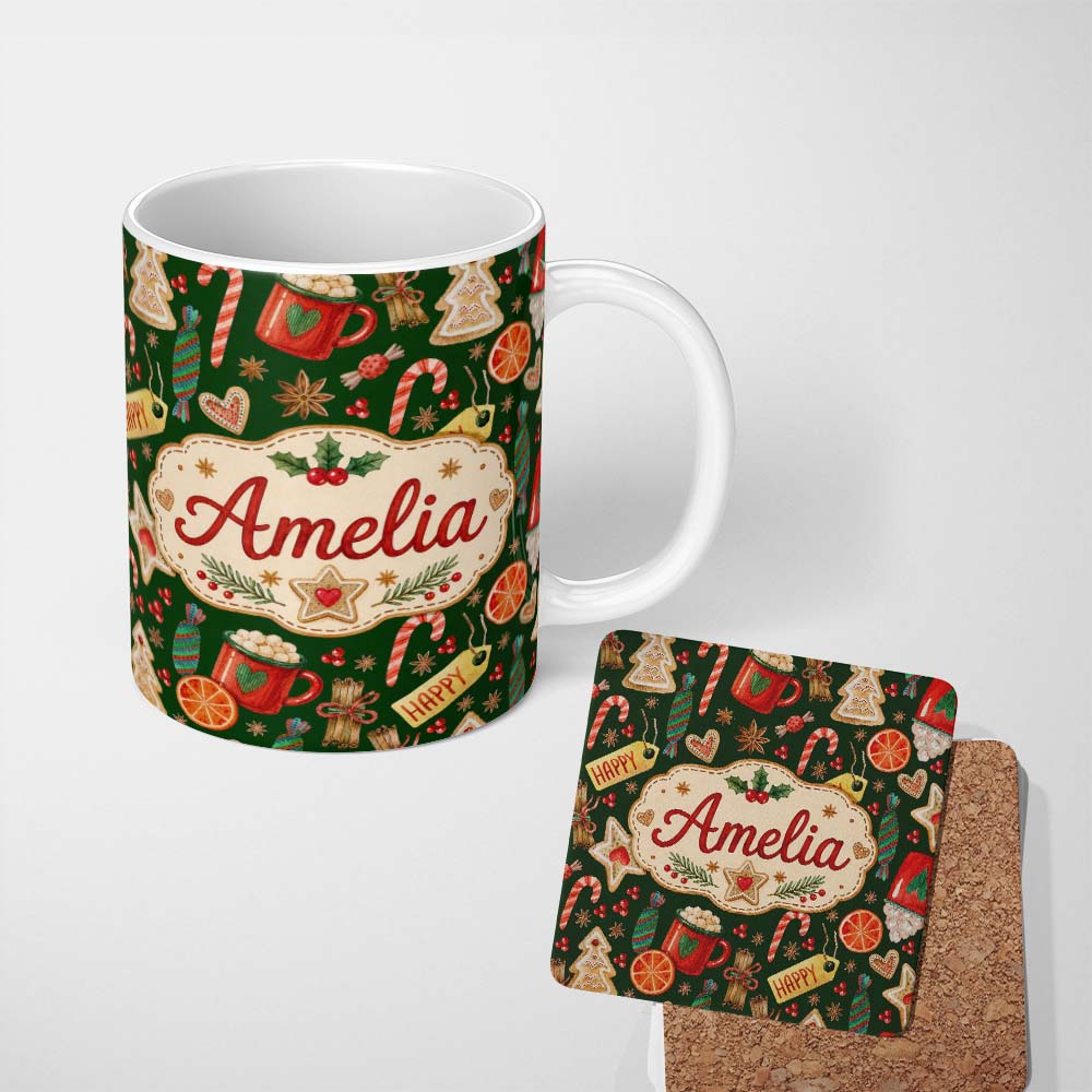 Personalized Custom Name Watercolor Christmas Mug Cookie Candy Cane Orange Seamless Pattern 11oz Ceramic Coffee Tea Mug White Large Handle