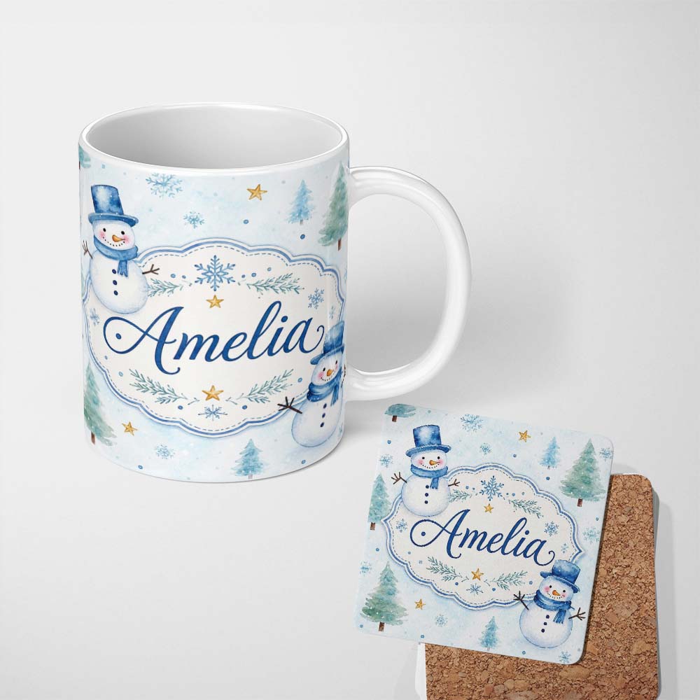 Personalized Custom Name Cute Snowman Winter Trees Snowflakes Seamless Pattern Lovely 11oz Ceramic Coffee Tea Mug White Large Handle