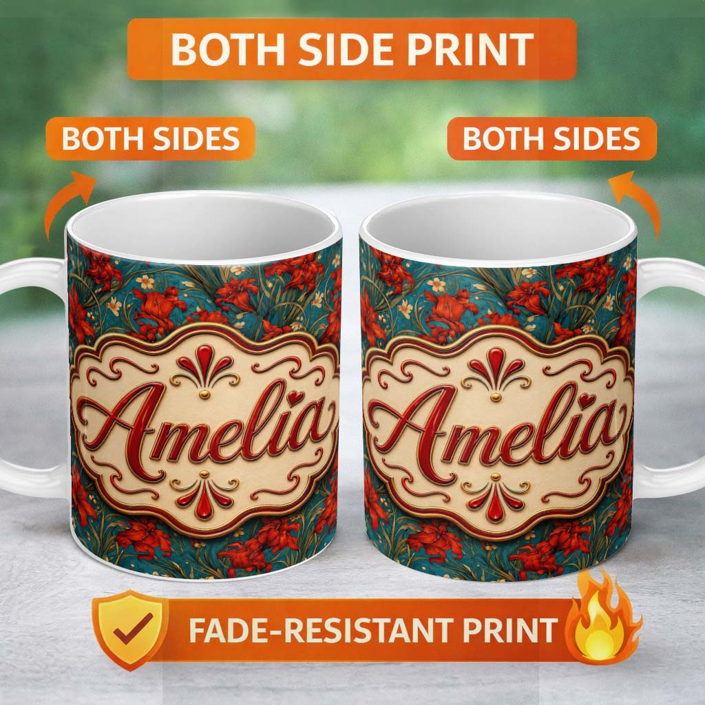 Personalized Custom Name Red Lily Floral Garden Teal Background Seamless Pattern Lovely 11oz Ceramic Coffee Tea Mug White Large Handle