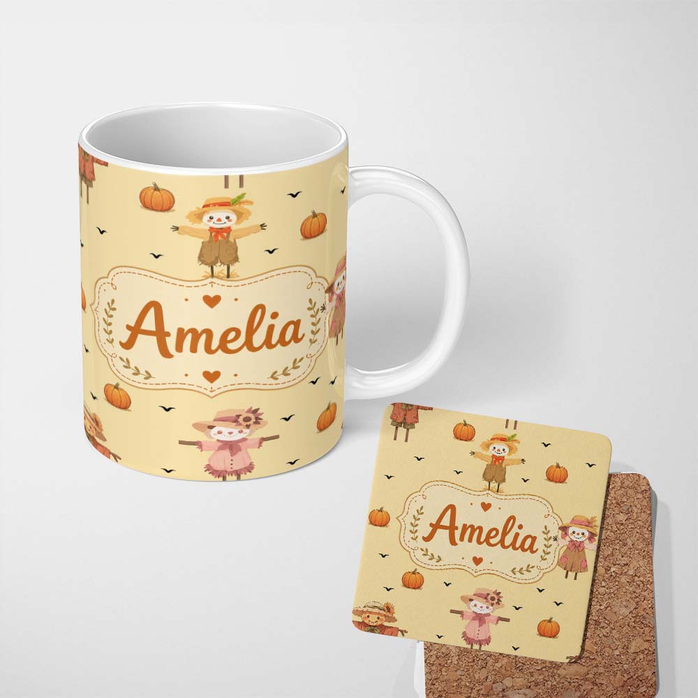 Personalized Custom Name Cute Autumn Scarecrow Pumpkin Birds Seamless Pattern Beige Lovely 11oz Ceramic Coffee Tea Mug White Large Handle